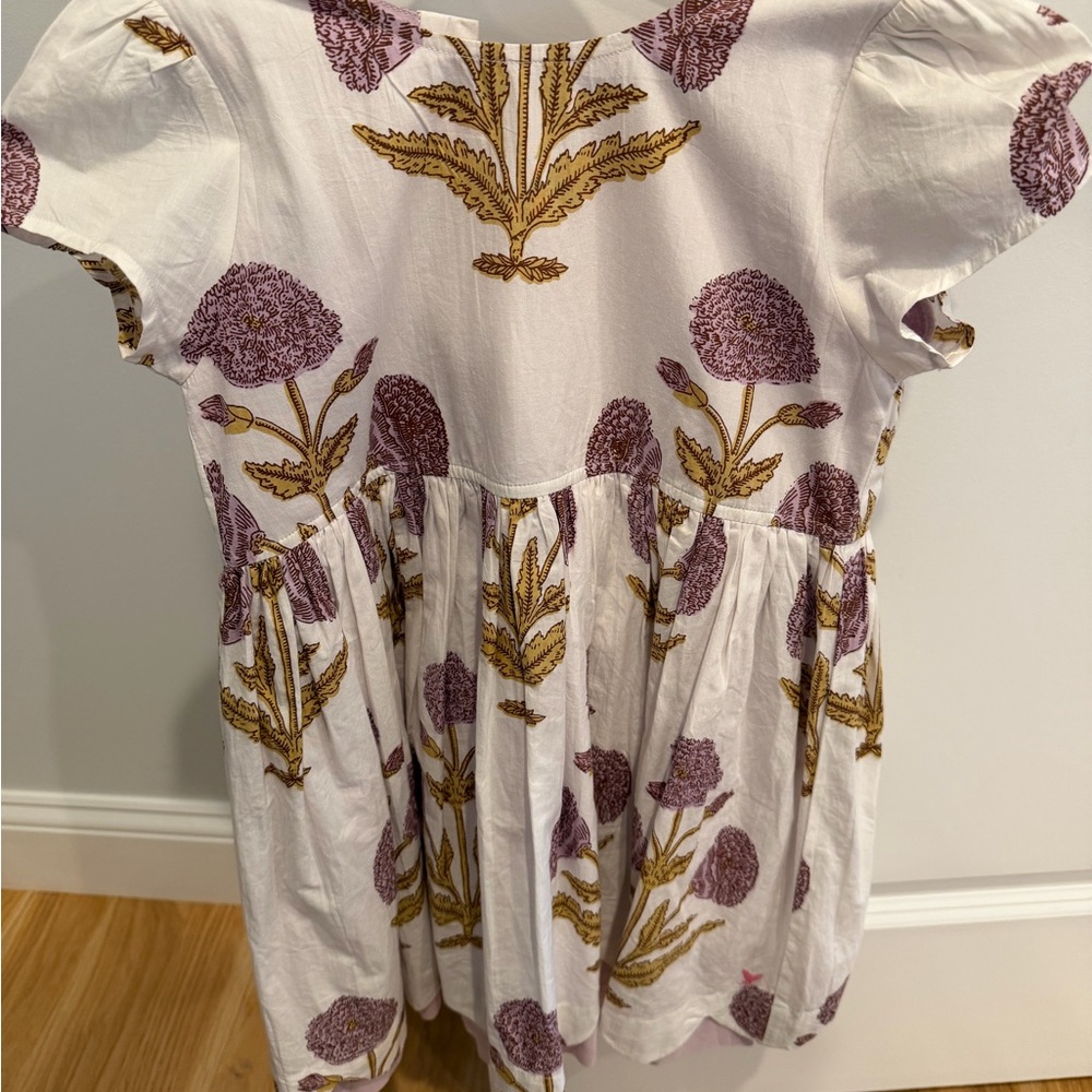 Pink Chicken White Dress with Purple and Gold Floral Design